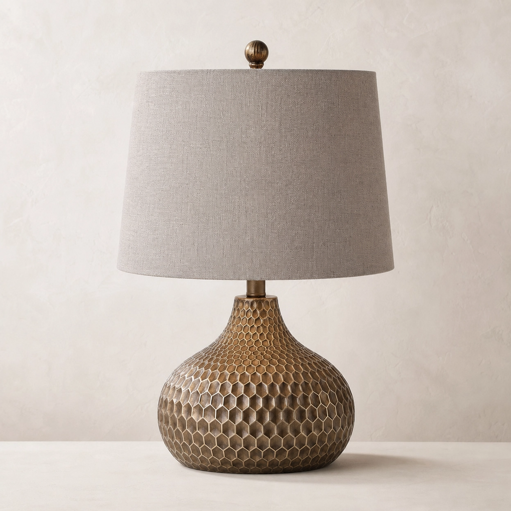 22" Honeycomb Vase Table Lamp – Antique Brown Resin Base with Grey Fabric Shade