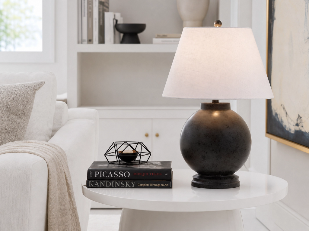 26" Dark Gray Orb Vase Table Lamp – Matte Sphere Base with White Cotton Shade