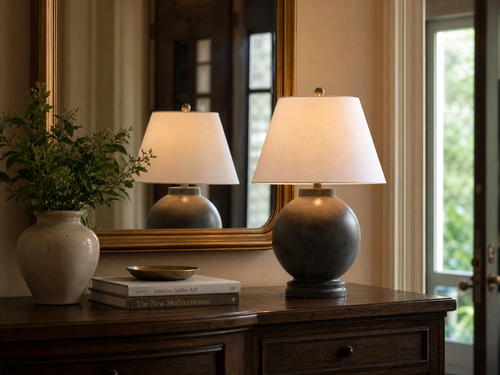 26" Dark Gray Orb Vase Table Lamp – Matte Sphere Base with White Cotton Shade