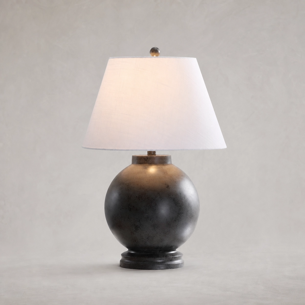 26" Dark Gray Orb Vase Table Lamp – Matte Sphere Base with White Cotton Shade