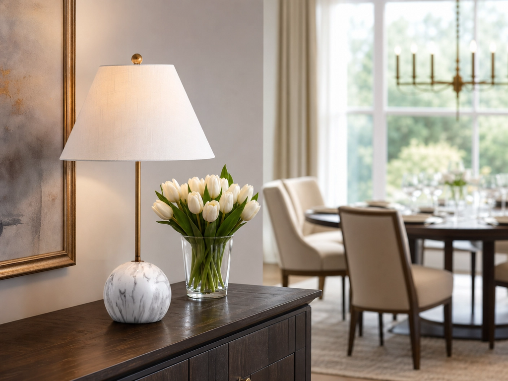 29" Tall Marble Base Buffet Table Lamp – Gold Stem with White Linen Shade