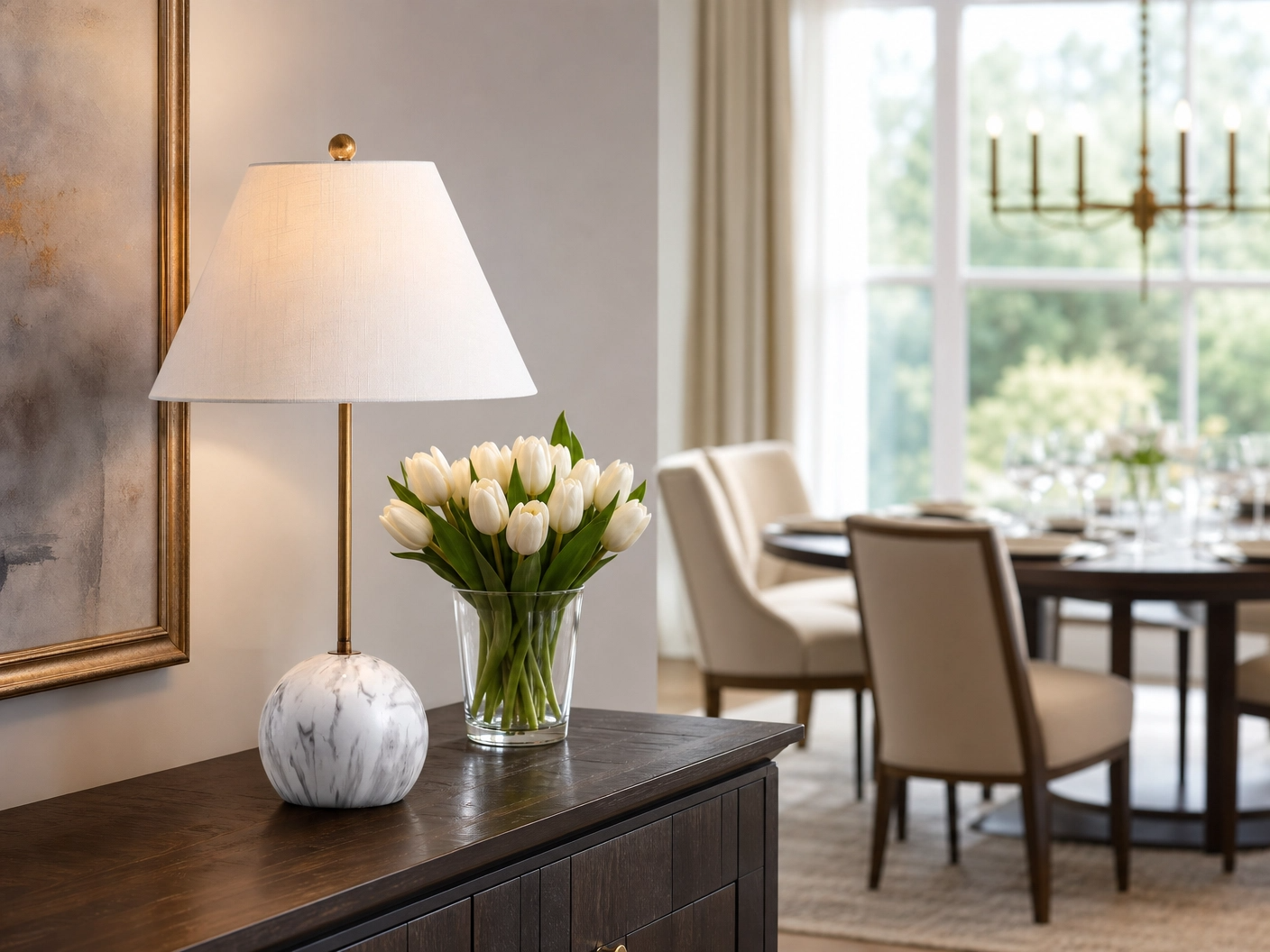 29" Tall Marble Base Buffet Table Lamp – Gold Stem with White Linen Shade