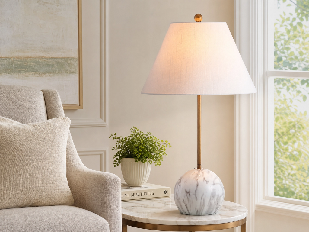 29" Tall Marble Base Buffet Table Lamp – Gold Stem with White Linen Shade