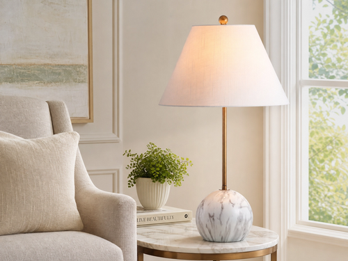 29" Tall Marble Base Buffet Table Lamp – Gold Stem with White Linen Shade