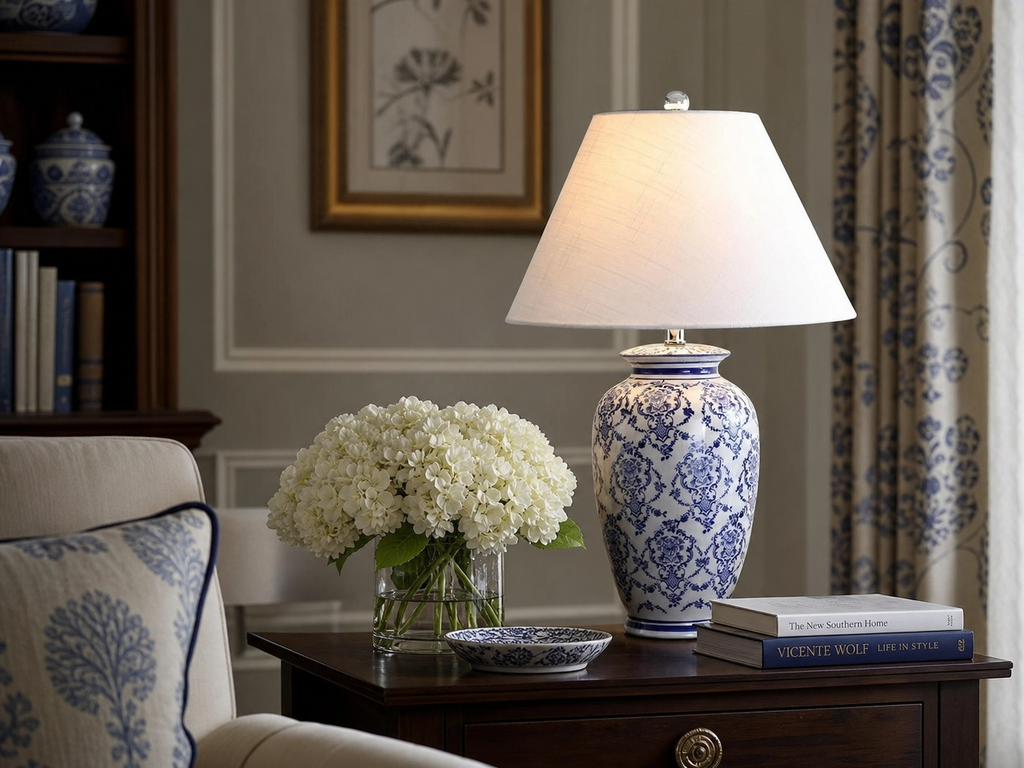 22" Blue & White Floral Ceramic Table Lamp – Chinese Porcelain Style with Linen Shade