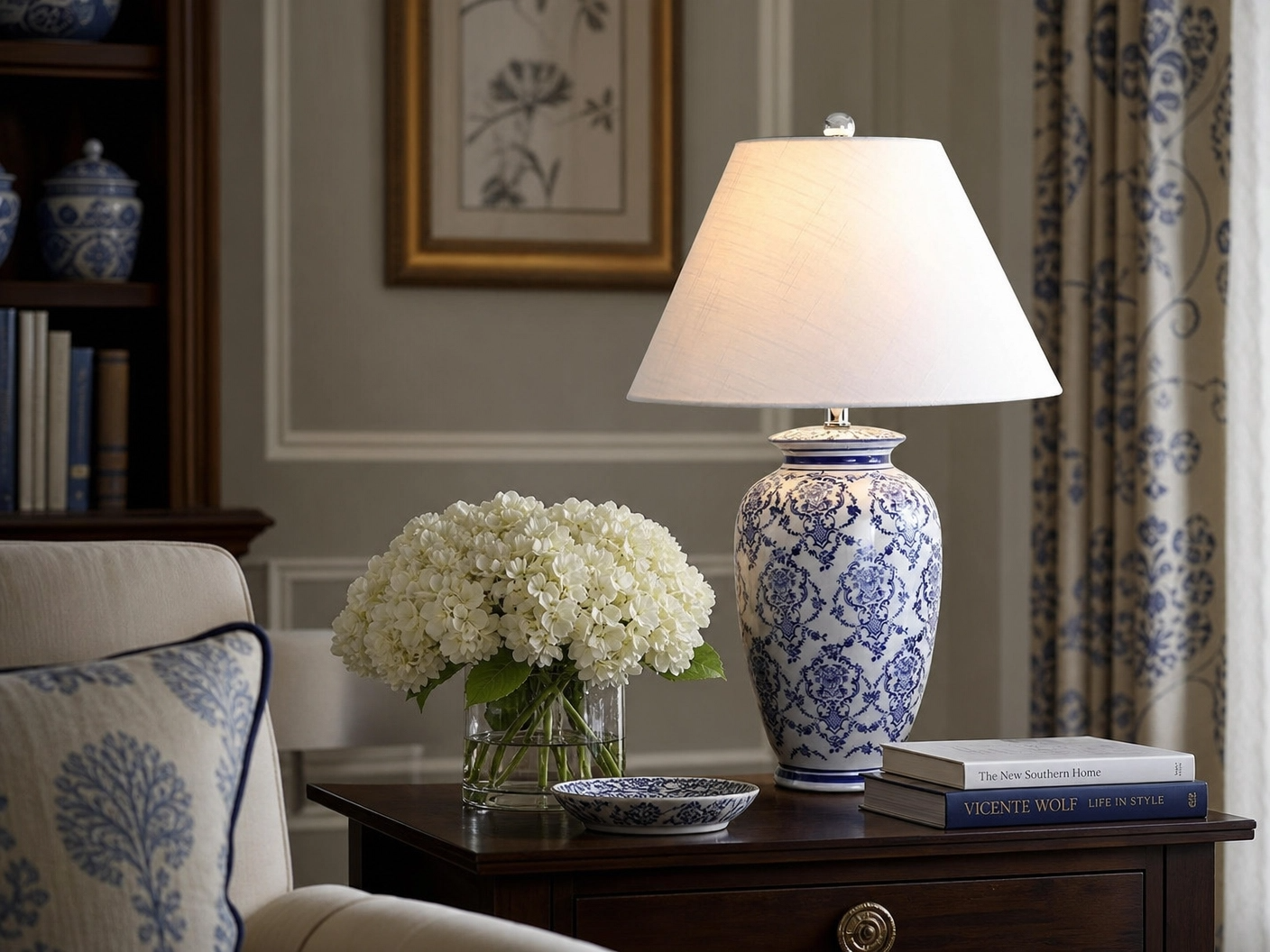 22" Blue & White Floral Ceramic Table Lamp – Chinese Porcelain Style with Linen Shade