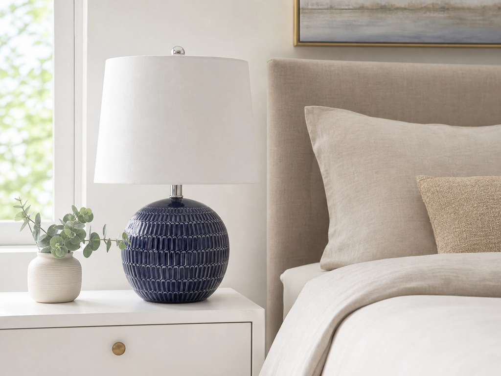 21" Navy Blue Textured Ceramic Buffet Table Lamp – Round Base with White Cotton Shade