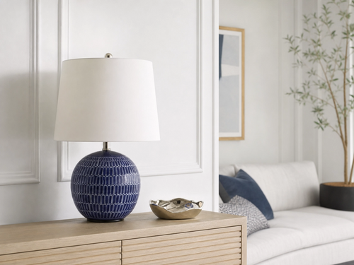 21" Navy Blue Textured Ceramic Buffet Table Lamp – Round Base with White Cotton Shade
