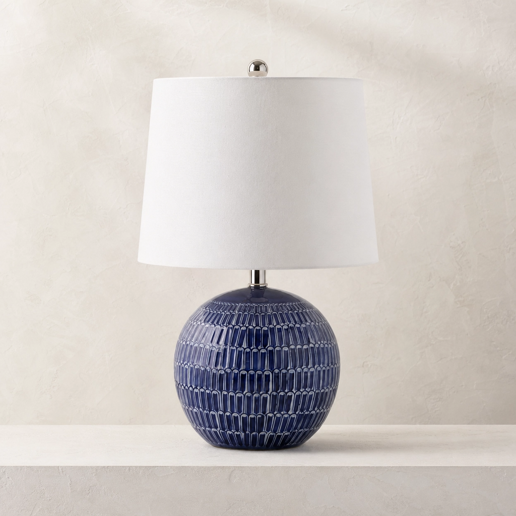 21" Navy Blue Textured Ceramic Buffet Table Lamp – Round Base with White Cotton Shade