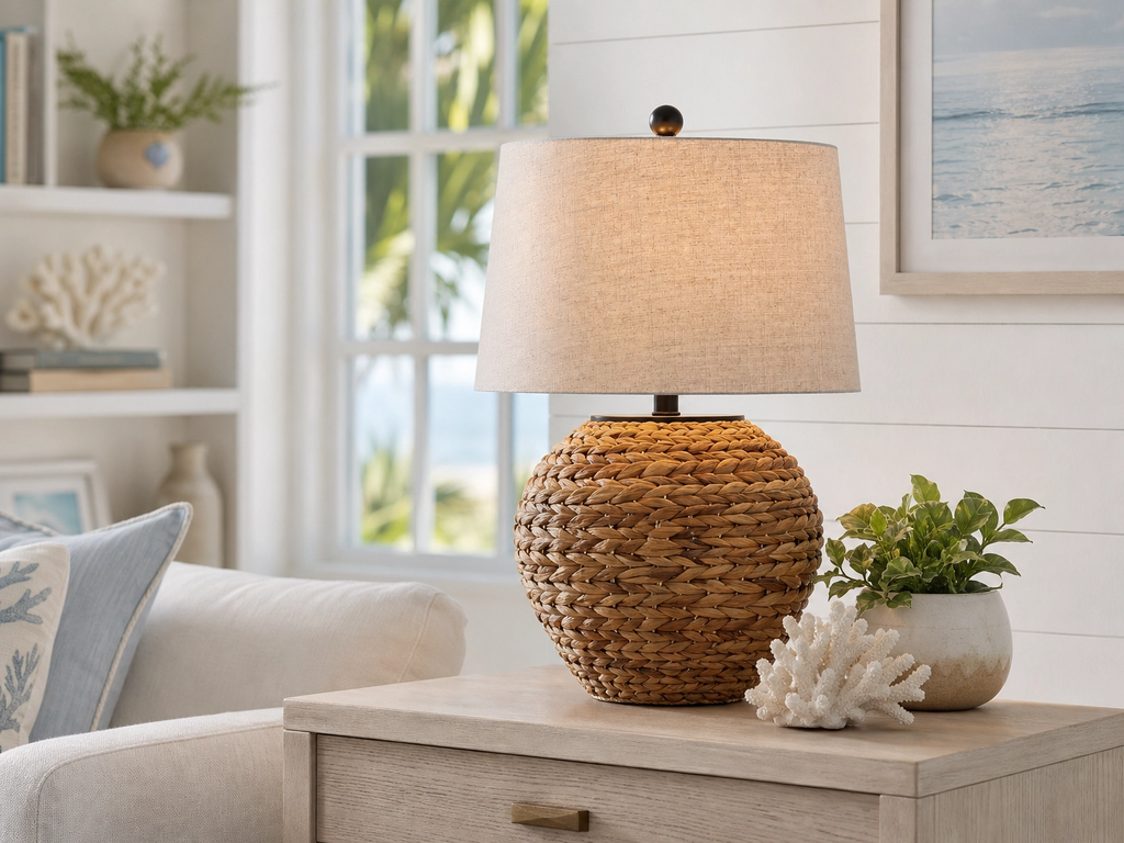 25" Woven Seagrass Table Lamp – Natural Coastal Rattan Base with Grey Linen Shade