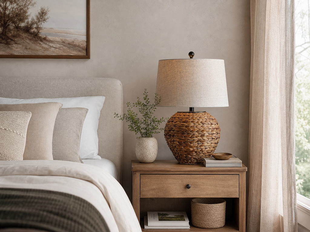 25" Woven Seagrass Table Lamp – Natural Coastal Rattan Base with Grey Linen Shade