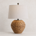 25" Woven Seagrass Table Lamp – Natural Coastal Rattan Base with Grey Linen Shade