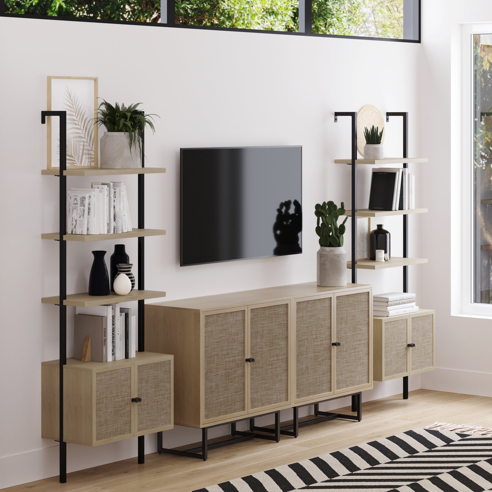 Rattan Ladder Wall Bookshelves with Doors