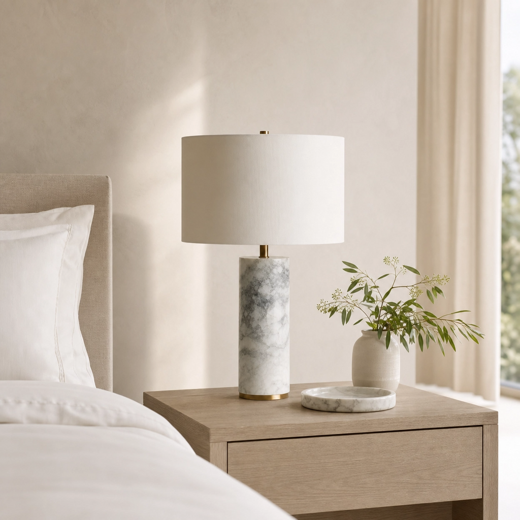 17" Marble-Look Metal Buffet Table Lamp – White & Grey Base with Beige Drum Shade