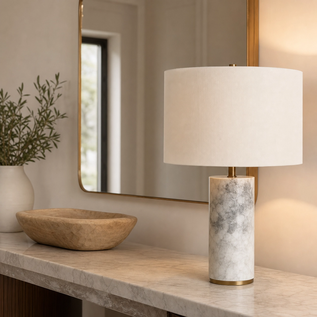 17" Marble-Look Metal Buffet Table Lamp – White & Grey Base with Beige Drum Shade