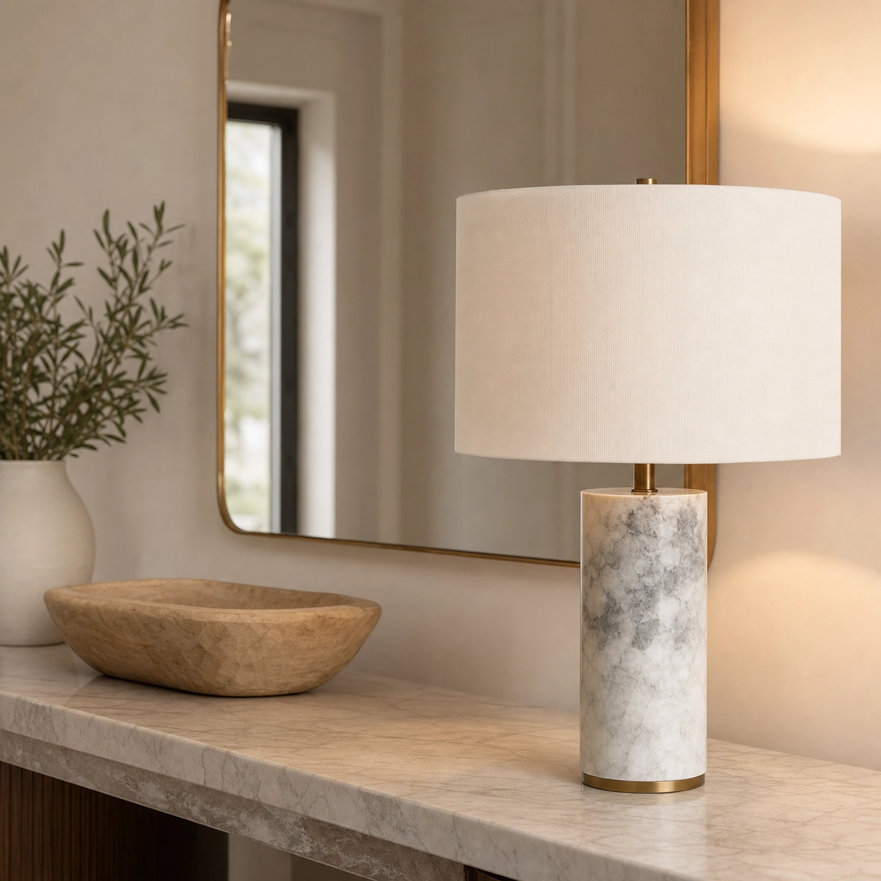 17" Marble-Look Metal Buffet Table Lamp – White & Grey Base with Beige Drum Shade