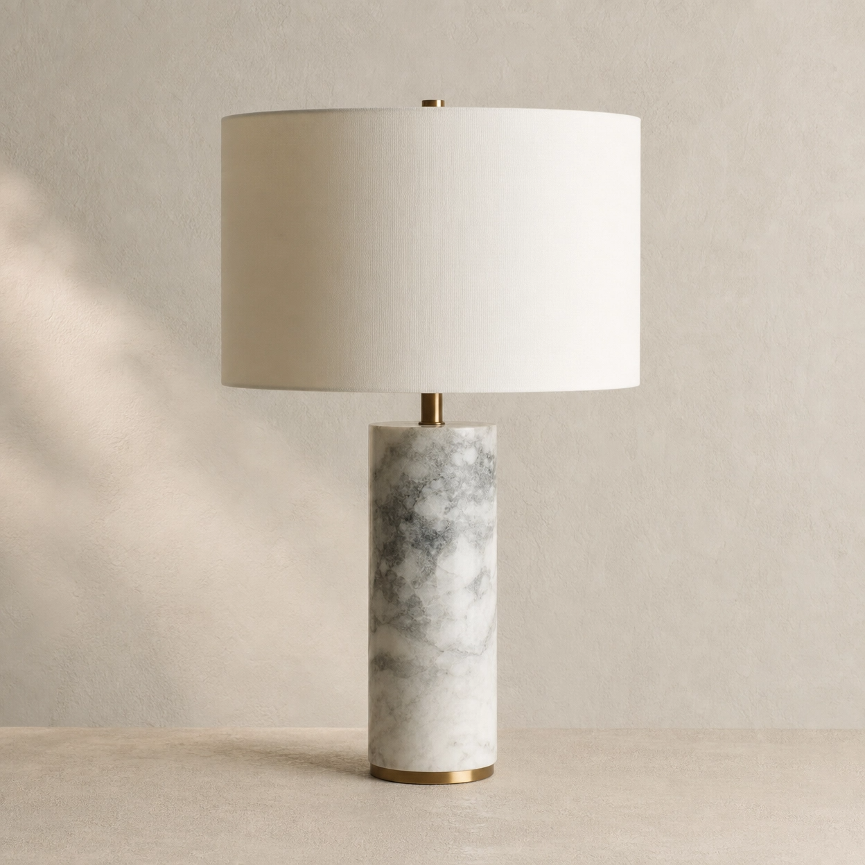 17" Marble-Look Metal Buffet Table Lamp – White & Grey Base with Beige Drum Shade