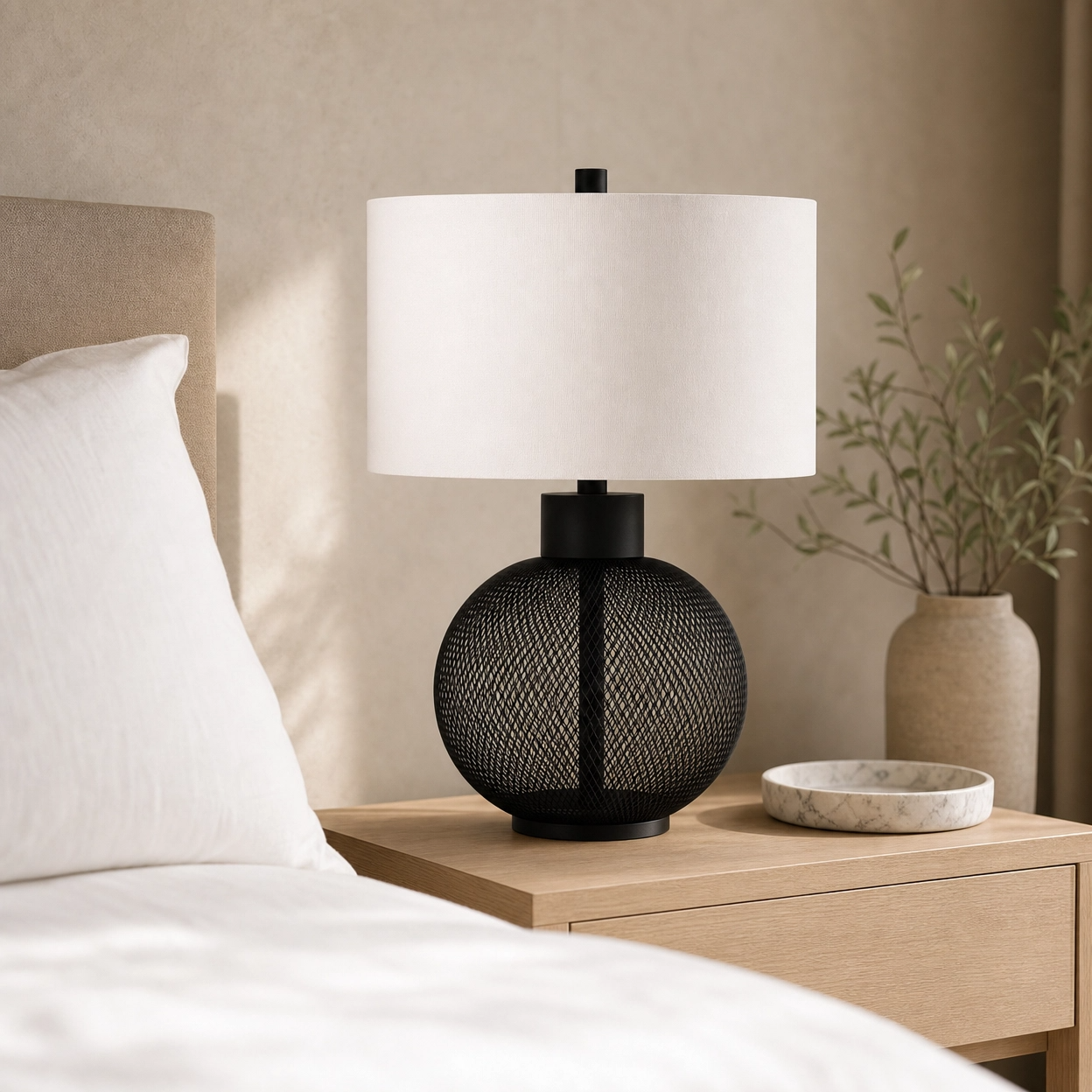 24" Black Wire Mesh Vase Table Lamp – Open Lattice Globe Base with White Linen Shade