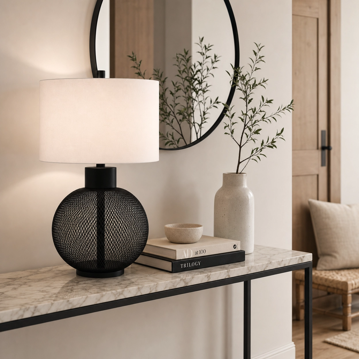 24" Black Wire Mesh Vase Table Lamp – Open Lattice Globe Base with White Linen Shade