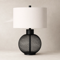 24" Black Wire Mesh Vase Table Lamp – Open Lattice Globe Base with White Linen Shade