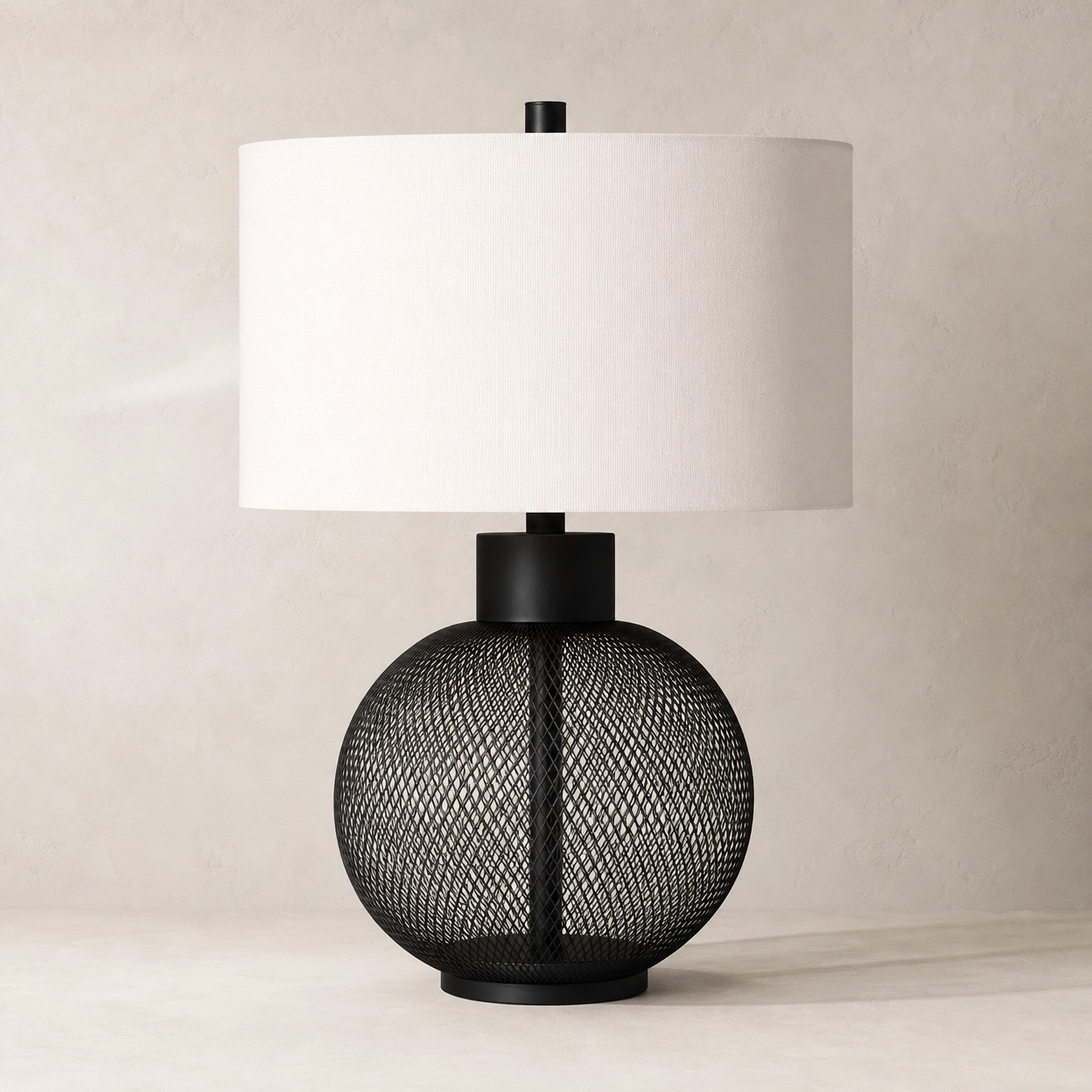 24" Black Wire Mesh Vase Table Lamp – Open Lattice Globe Base with White Linen Shade