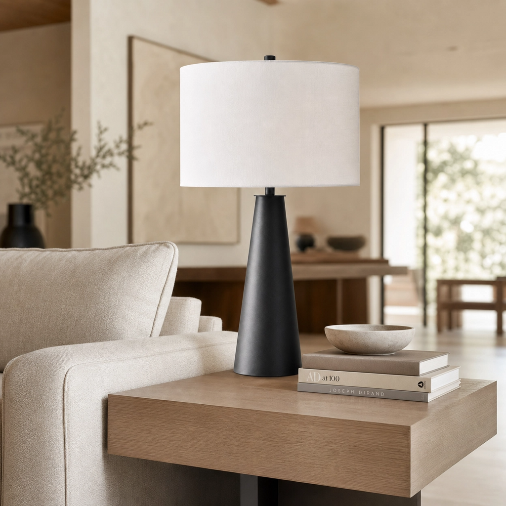26" Matte Black Cone Buffet Table Lamp – Bold Steel Base with White Drum Shade