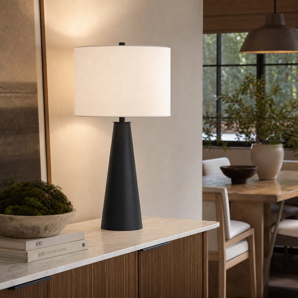 26" Matte Black Cone Buffet Table Lamp – Bold Steel Base with White Drum Shade