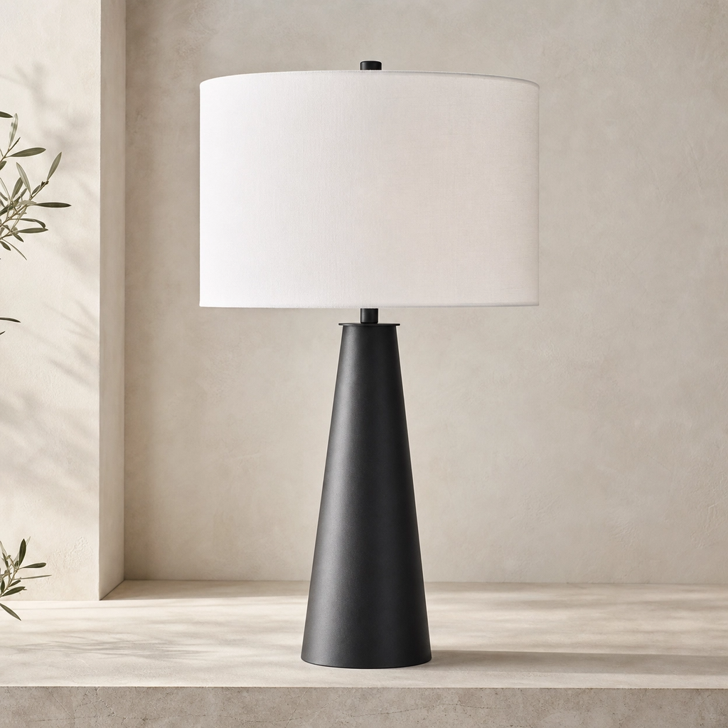 26" Matte Black Cone Buffet Table Lamp – Bold Steel Base with White Drum Shade
