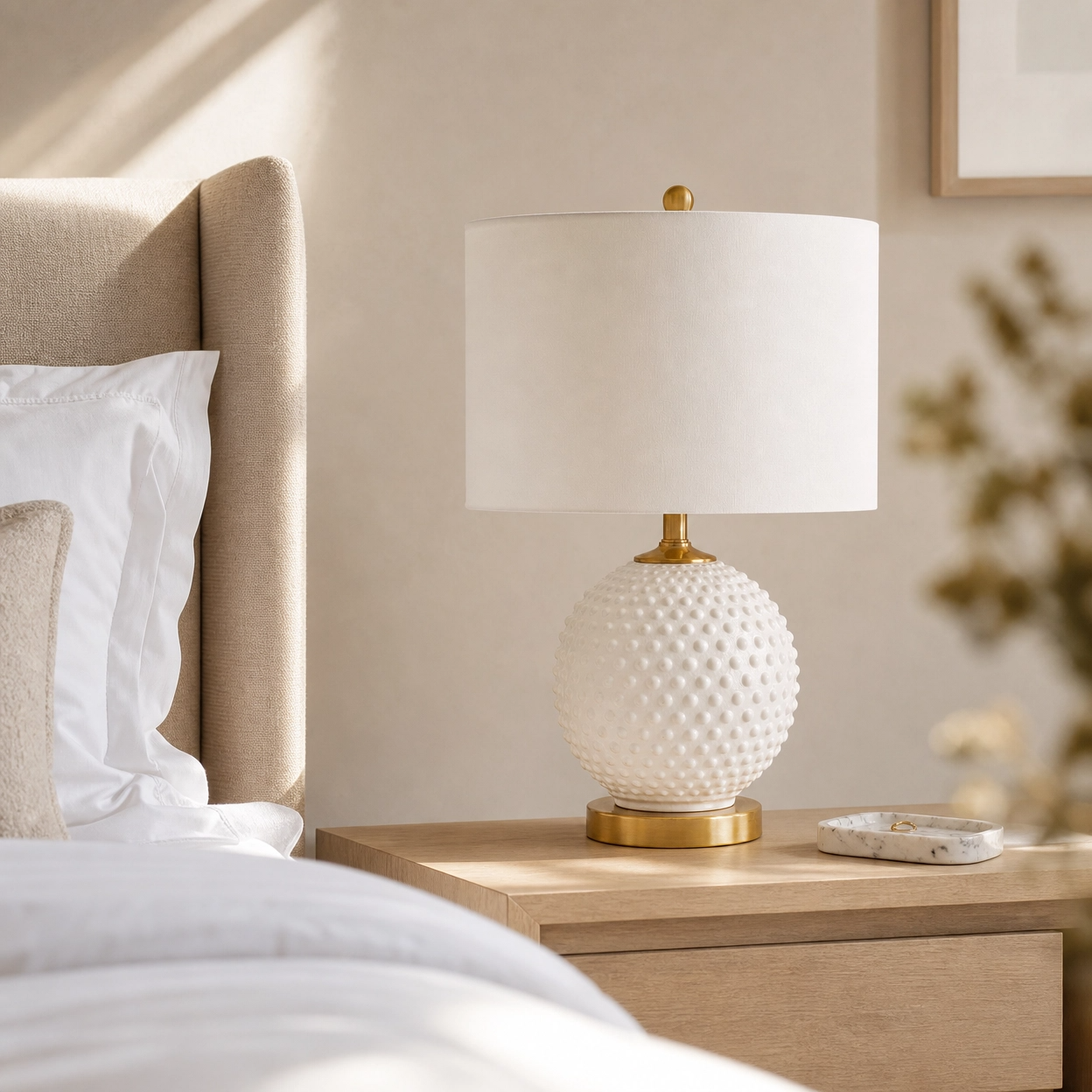 21" White Textured Glass Globe Table Lamp – Brass Gold Base with White Linen Shade