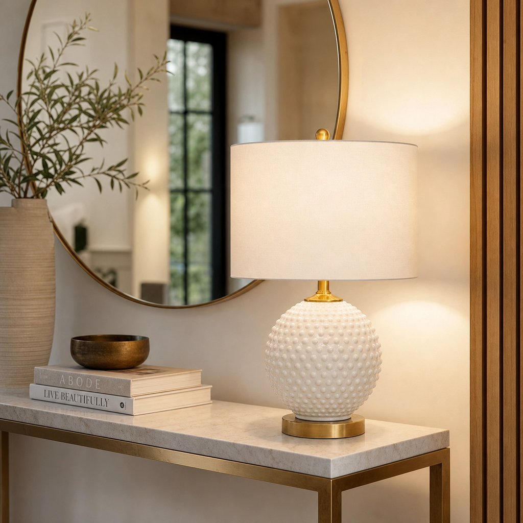 21" White Textured Glass Globe Table Lamp – Brass Gold Base with White Linen Shade