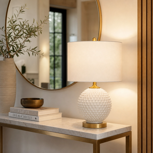 21" White Textured Glass Globe Table Lamp – Brass Gold Base with White Linen Shade