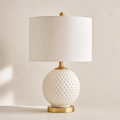 21" White Textured Glass Globe Table Lamp – Brass Gold Base with White Linen Shade